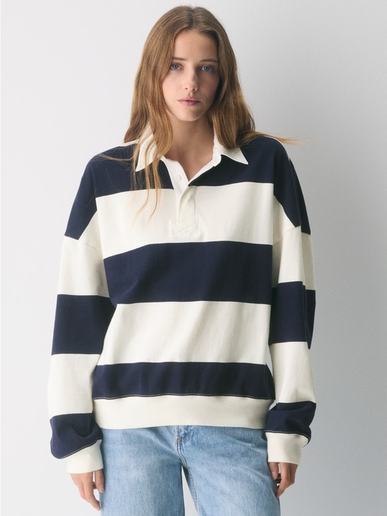 Aritzia Sweaters - TNA Mighty Cotton Lomu Pullover Sweater Polo Stripes Long Sleeve Navy Aritzia